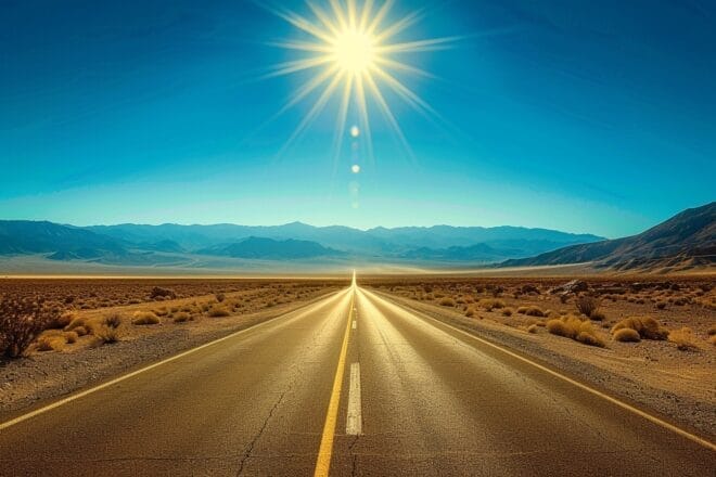 Illustration. Route désertique sans fin sous un soleil de plomb, s'étendant à travers la Vallée de la Mort, aux États-Unis.