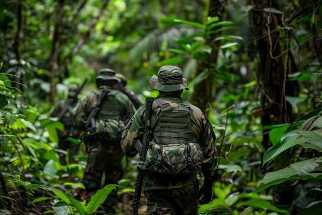 Illustration. Des hommes lourdement armés et vêtus d'équipements de camouflage patrouillent dans une zone de jungle dense au Chiapas, au Mexique.