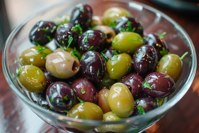 Illustration. Un bol d'olives.