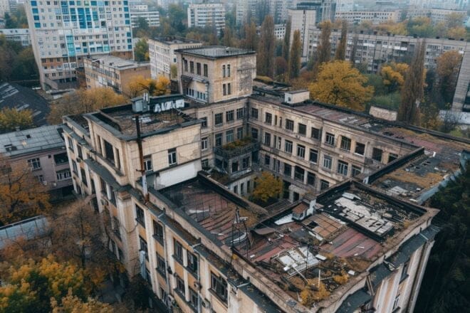Illustration. Un bâtiment en ruines en Ukraine.