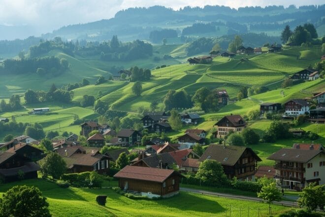 Illustration. un village suisse typique.