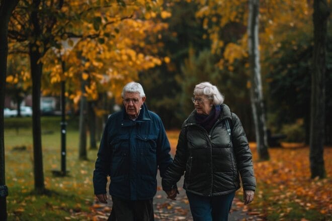 Illustration. Un couple âgé en balade.