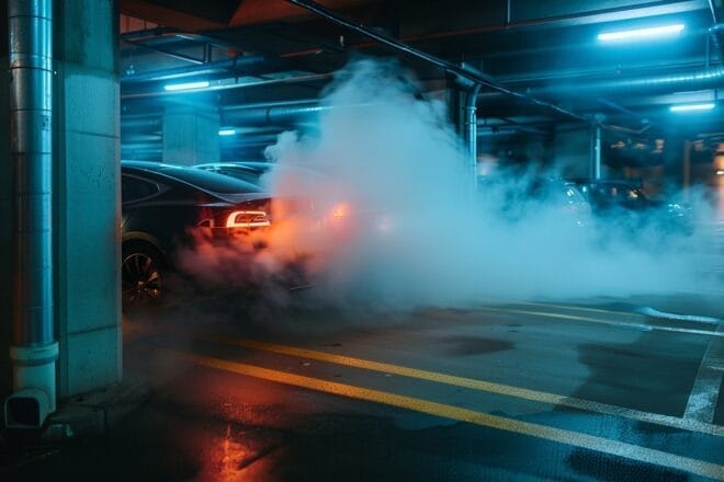 Illustration. Une voiture prend feu dans un parking.