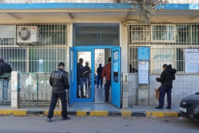 Illustration. Extérieur d'un bureau de l'UNRWA avec du personnel de sécurité à l'entrée.