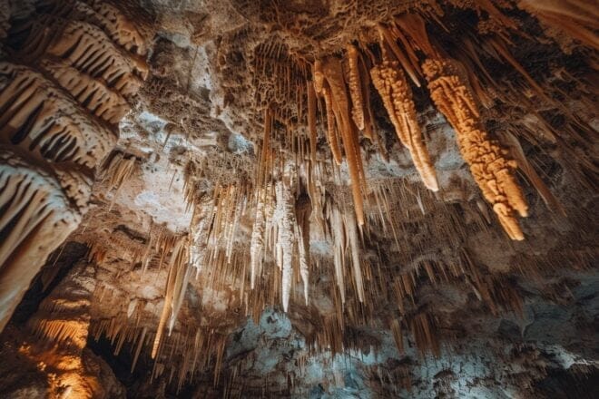 Illustration. Stalactites dans une grotte.