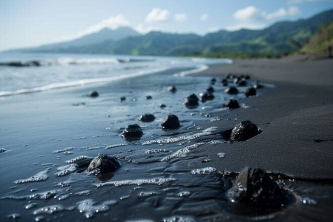 Illustration. Des boulettes de pétrole sur une plage, signes d'une marée noire.