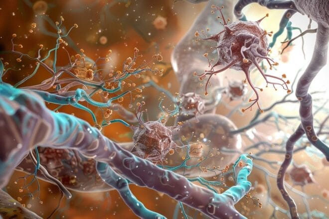 Illustration de cellules immunitaires attaquant la myéline dans le système nerveux central.