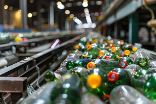 Illustration. Bouteilles en verre sur un tapis roulant dans une usine de recyclage.