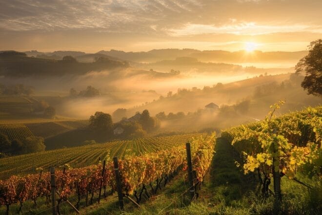 Illustration. Vignes dans la brume.