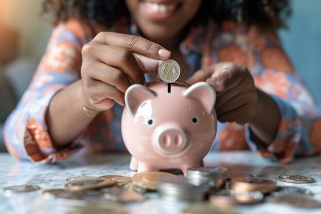 Image d'illustration. Une femme met de l'argent dans sa tirelire en cochon