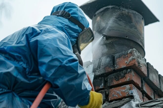 Image d'illustration. Ramonage d'un conduit de cheminée par l'extérieur.