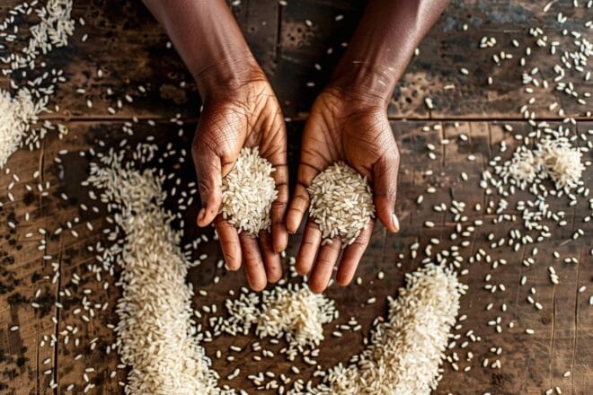 Illustration. Mains tamisant des grains de riz crus sur une table en bois.