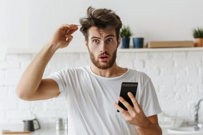 Image d'illustration. Homme smartphone téléphone surprise