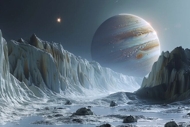Image d'illustration. Vue majestueuse d'Europe, la lune de Jupiter, présentant sa surface glacée et son potentiel océan souterrain.