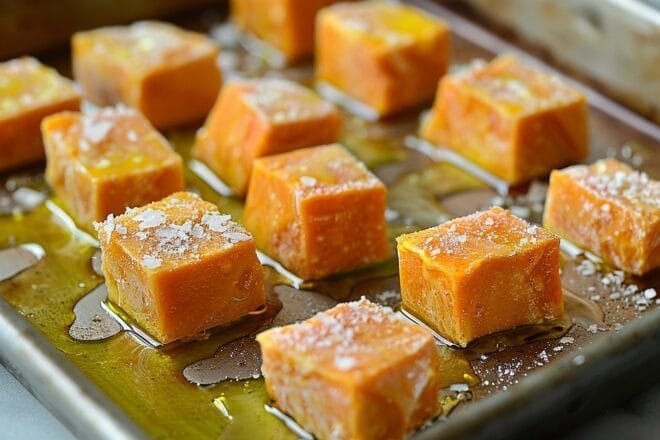 Image d'illustration. Potimarron en cubes, arrosés d'huile d'olive.