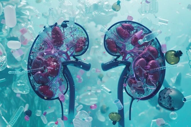Image d'illustration. Représentation artistique de reins humains entourés de particules de plastique flottantes, symbolisant des impacts potentiels sur la santé.