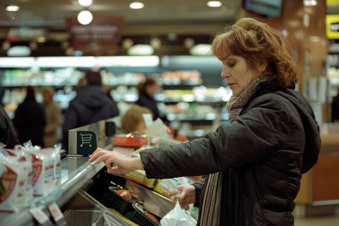 Image d'illustration. Une femme fait ses courses dans un hypermarché et paye avec des tickets restaurant