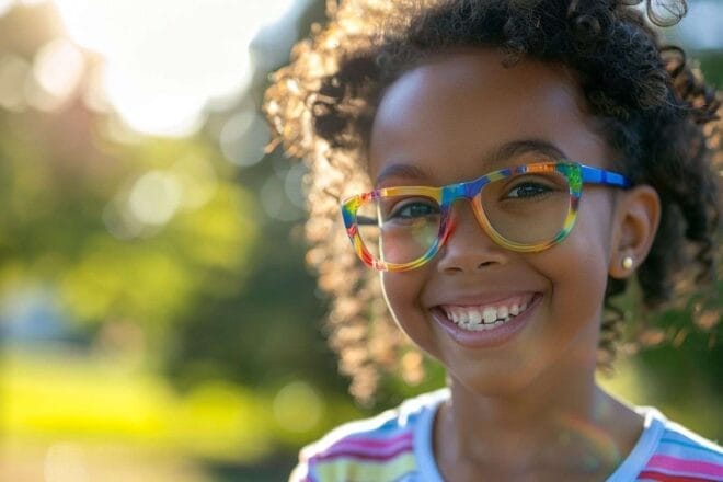 Gros plan d un enfant portant des lunettes colorées
