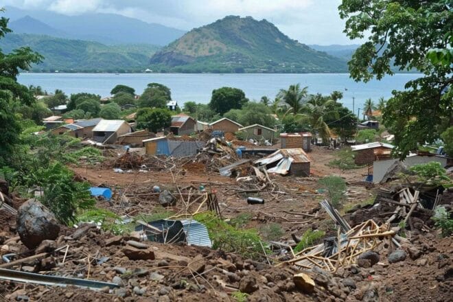 Image d'illustration. Vue de maisons de fortune endommagées à Mayotte