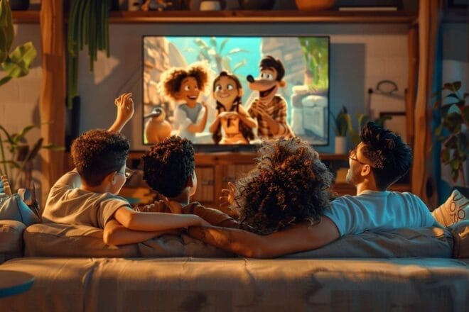 Image d'illustration. Famille devant une film d'animation.