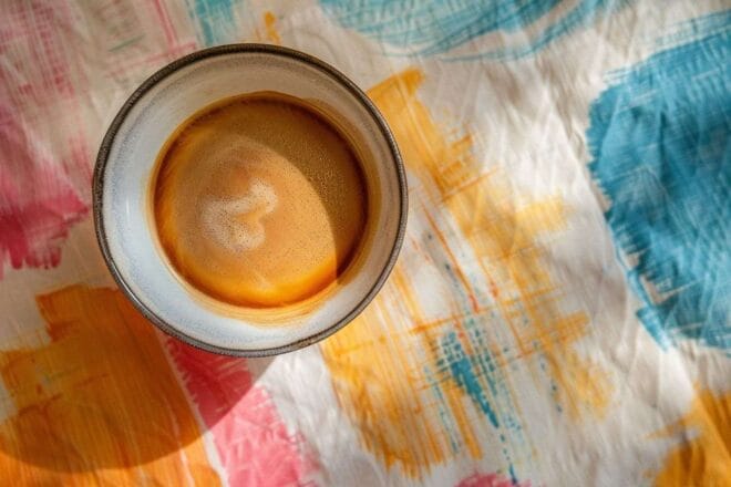 Bol de chicorée sur nappe colorée ambiance matinale