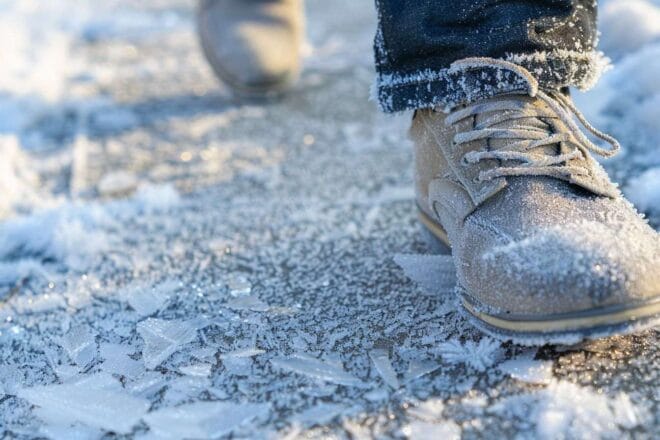 Cristaux de glace scintillants sur le trottoir