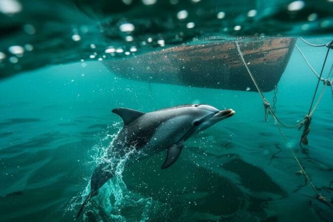 Image d'illustration. Dauphin nageant près d un bateau de pêche