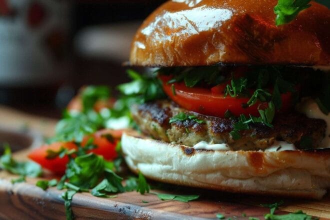 Image d'illustration. Gros plan d'un burger végétal