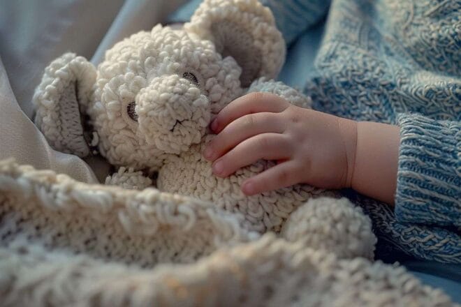 Image d'illustration. Gros plan d une main d enfant tenant un animal en peluche