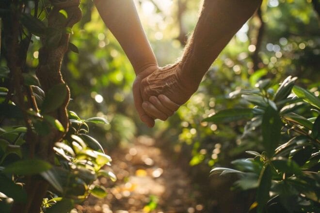 Image d'illustration. Mains aidant une personne âgée dans un jardin ensoleillé