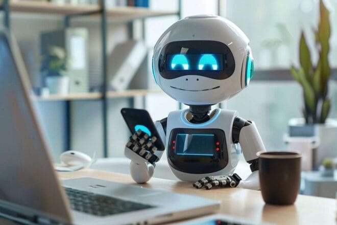 Robot élégant avec téléphone