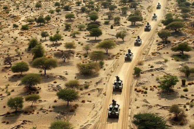 Image d'illustration. Vue aérienne d un convoi militaire français dans un environnement désertique.