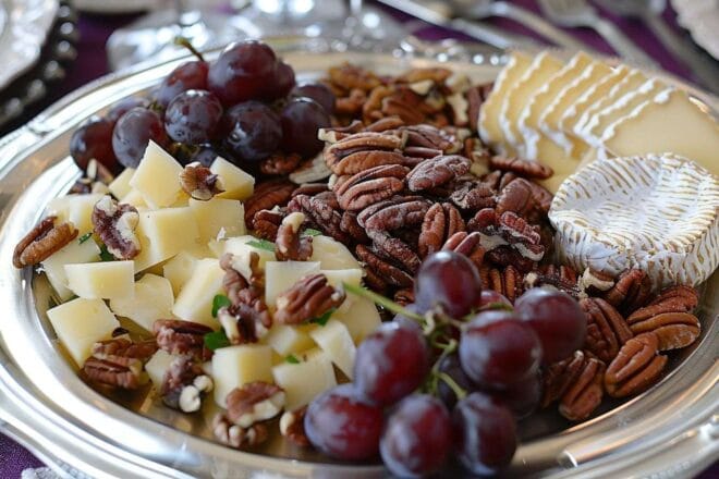 Image d'illustration. Vue aérienne d une assiette avec camembert, noix et raisins