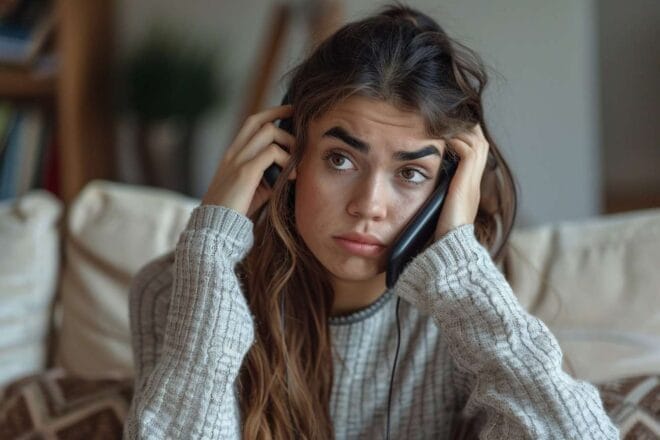 Image d'illustration. Une jeune femme agacée par le démarchage téléphonique