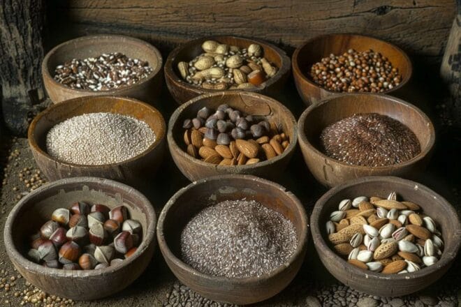 Image d'illustration. Variété de noix et de graines présentées dans des bols, mettant en valeur leur teneur élevée en oméga.