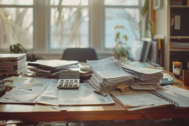 Image d'illustration. Bureau avec formulaires fiscaux et calculatrices dans un bureau lumineux