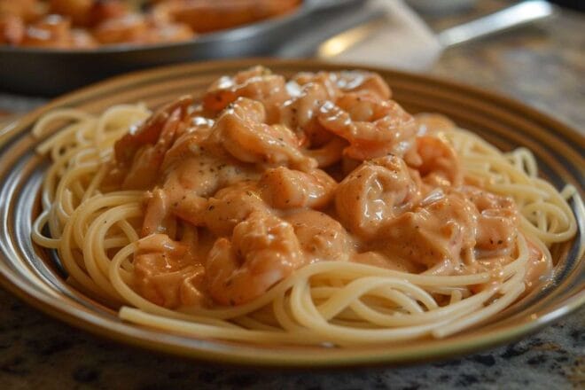 Image d'illustration. Élégant plat de spaghetti aux crevettes et crème.
