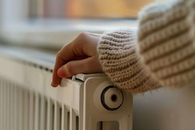 Main posée sur un radiateur chaud