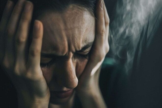 Personne tenant sa tête dans la pénombre