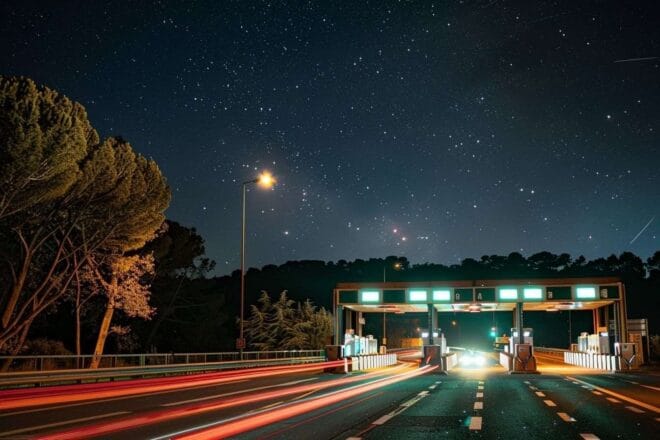 Image d'illustration. Scène de nuit de péages illuminés sur une autoroute