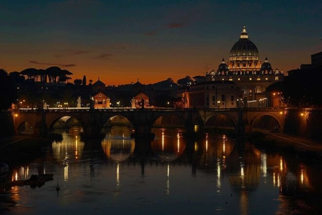 Image d'illustration. Vue panoramique de la basilique Saint-Pierre illuminée au crépuscule dans la Cité du Vatican