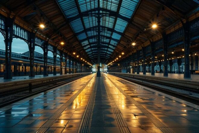 Gare sncf vide avec quais illuminés