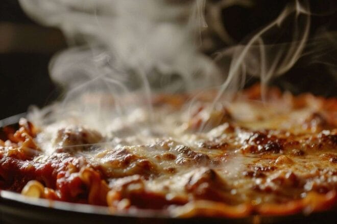 Image d'illustration. Gros plan de lasagnes bouillonnantes