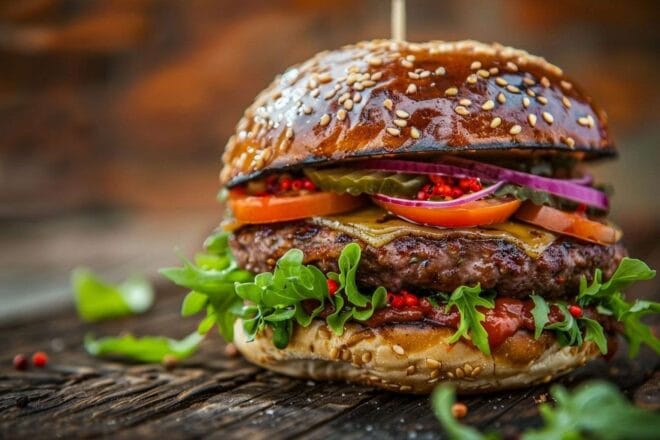 Image d'illustration. Gros plan d un burger coloré avec des ingrédients frais