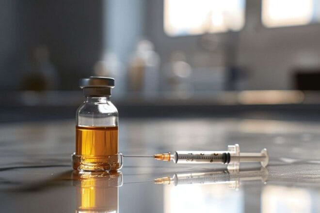 Gros plan d un sérum vaccinal dans un flacon en verre avec une seringue