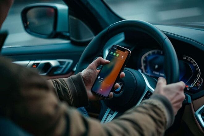 Gros plan d une main tenant un smartphone volant voiture