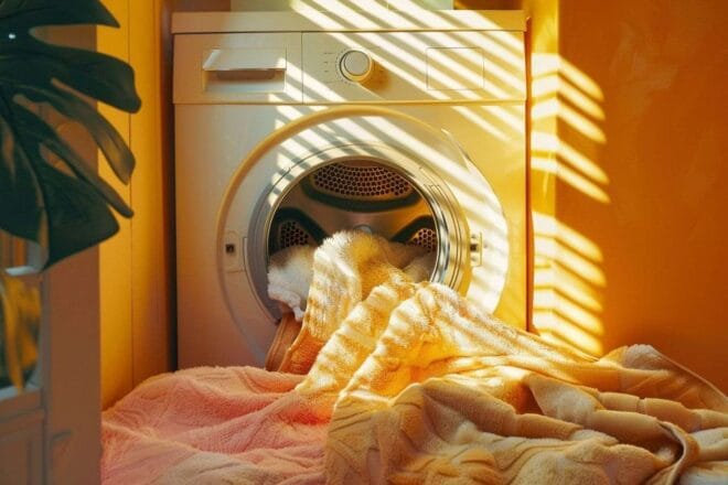 Image d'illustration. Porte de sèche linge entrouverte avec serviettes moelleuses