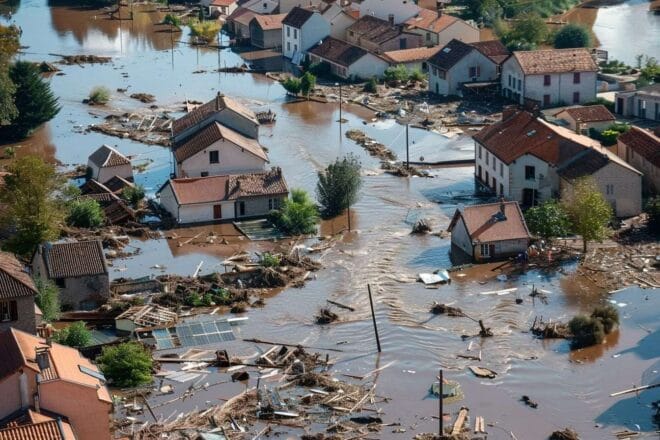 Vue aérienne d un village inondé en france