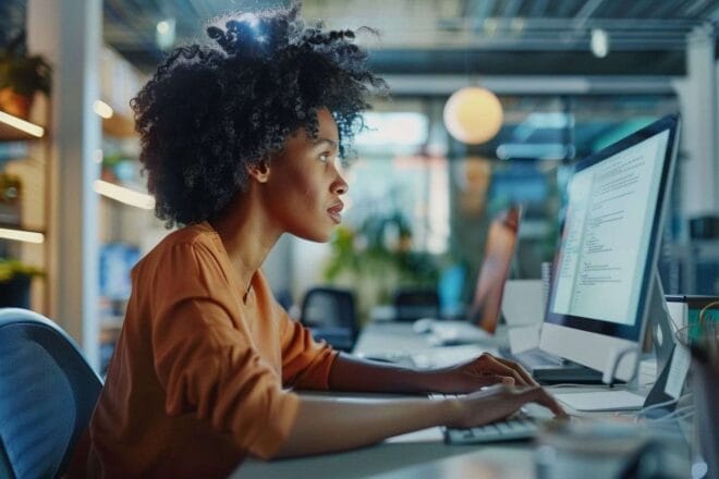 Vue latérale d un clavier d ordinateur avec mains tapant