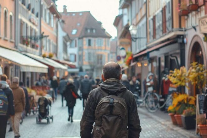 Image d'illustration. Homme de dos se promenant dans un centre ville d'un village